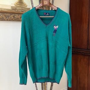 Isle Of Cotton Men's Vtg Green Knit Golf Sweater Embroidered Detail USA Sz M